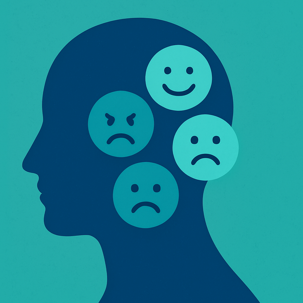 Understanding the Link Between Thoughts and Emotions. An illustration of a blue head with different expressions surrounding it.