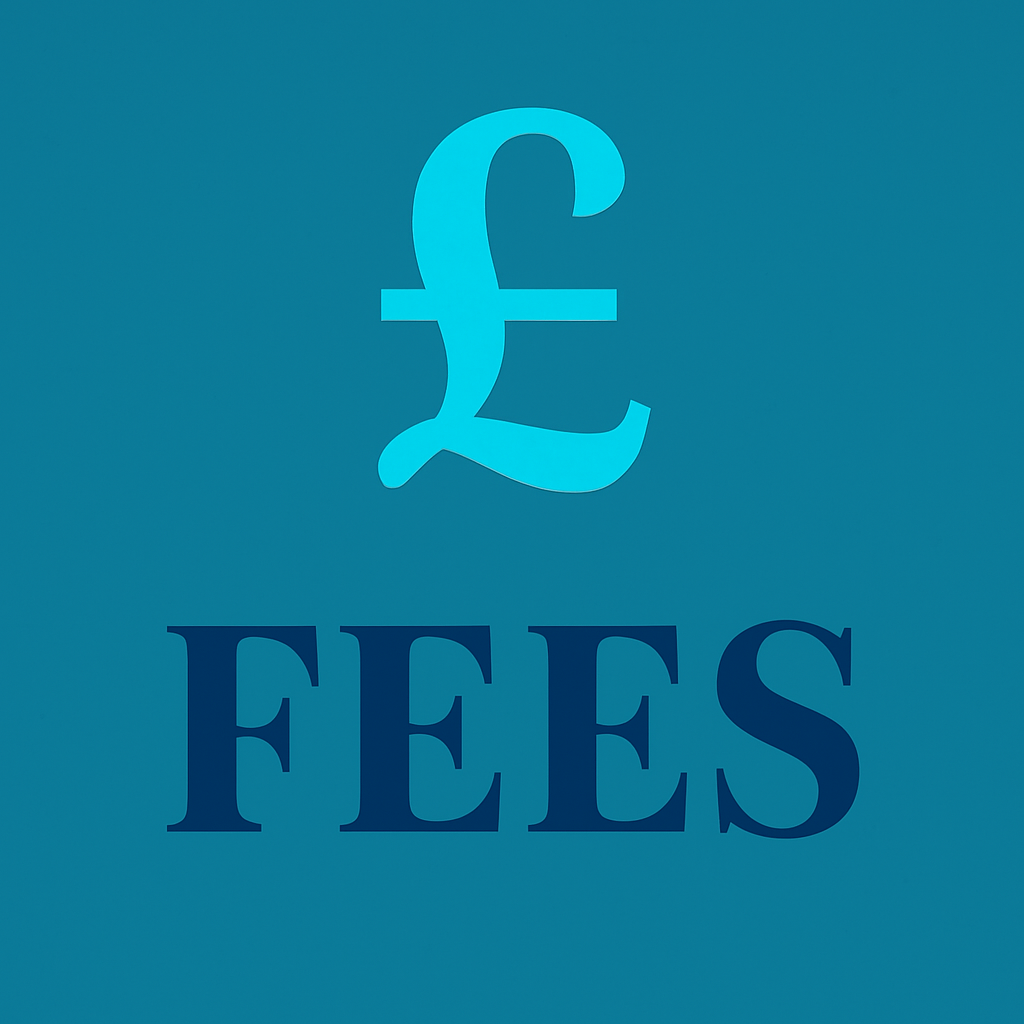 Graphic of a cyan pound sterling symbol (£) above the word “FEES” in dark navy serif text, on a teal background.