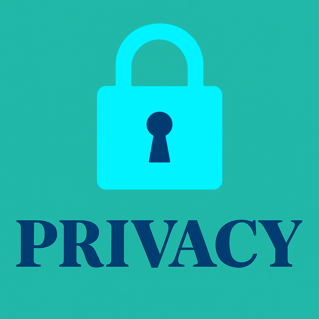 Illustration of a pale blue padlock above the word “PRIVACY” in bold serif font, set on a teal background.