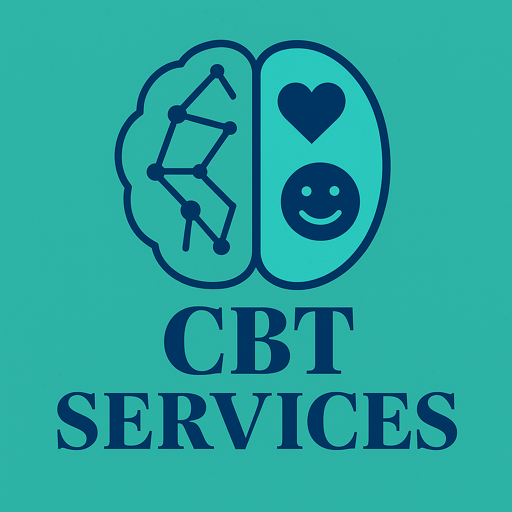 CBT services logo with brain illustration, heart, and smiley face representing emotional wellbeing.